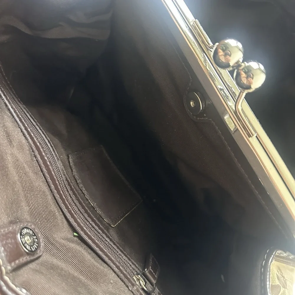 Coach F17424 Signature Stripe Framed Carryall Tote Bag In Tan & Brown Leather